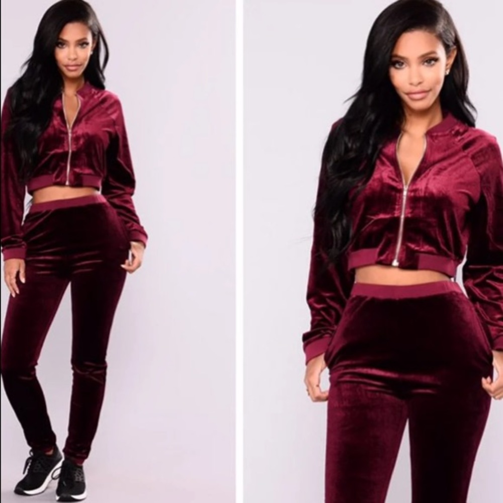 Fashion Nova Burgundy Velour Track Set